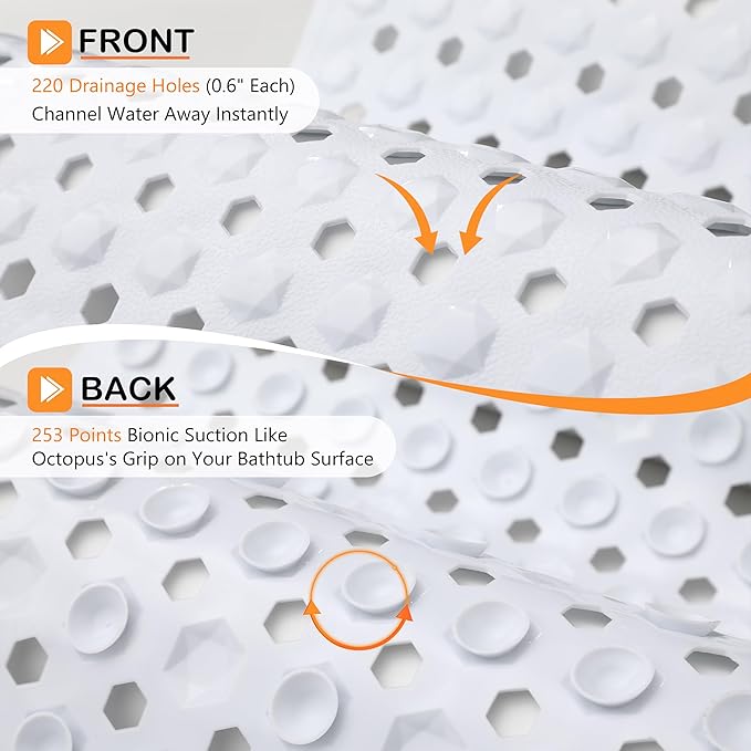 Yimobra Bathtub Mat Non Slip, 34.5"X15.5" Long Shower Mat for Inside Shower, Machine Washable Bath Mat with Drain Holes & Strong Suction Cups, Soft on Feet, Bathroom Essentials, White