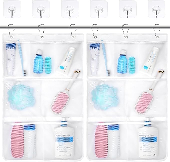 F-color Cruise Essentials 2026 - Mesh Shower Organizer Hanging with 7 Pockets for RV Gym Camping, Quick-Dry Portable Toiletry Bag with Metal Hooks for Bathroom Travel Toiletries，White+White
