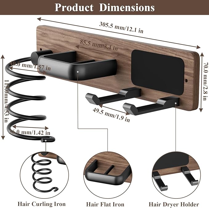 Tindbea Hair Dryer Holder Wall Mount Aluminum Alloy Hot Tools Organizer | Walnut Matte Black