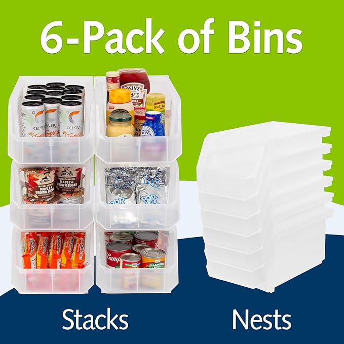 ReadySpace Large Plastic Storage Bins, Stackable Organizer Containers for Closet Pantry Shelf Garage and Office Organization, Clear, 6 Pack