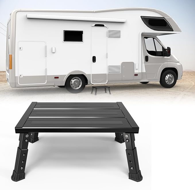 Adjustable RV Step Stool, 3-Step Height Adjustment, Foldable Legs, Wide Anti-Slip Surface,Supports Up to 1,000 lb, Premium Aluminum Construction Easy to Carry