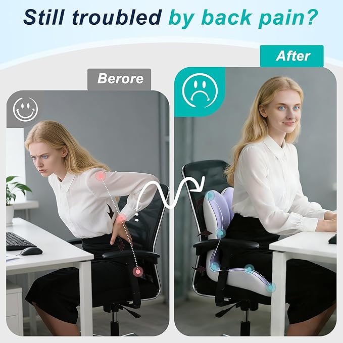 Seat Cushion for Office Chair and Car, Lumbar Support Pillow for Office Chair, Memory Foam Ergonomic Seat Cushion for Long Sitting, Back & Tailbone Pain, Sciatica - Purple & Gray