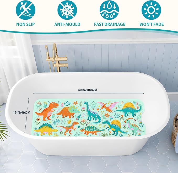XIYUNTE Baby Bath Mat for Tub Non Slip Kids, BPA Free Extra Long Bathtub Mat 40x16 with Drain Holes and 200 Suction Cups, Non Toxic Machine Washable Toddler Bath Mat, Eco-Friendly Certified