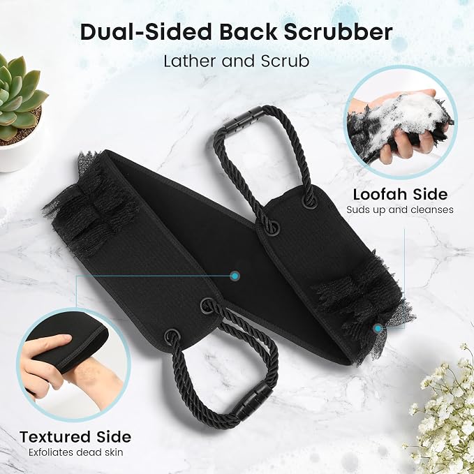 eaxun Back Scrubber with Handles for Shower, 40 Inches Dual-Sided Back Washer with Exfoliating Texture and Loofah for Men, Women and Elderly, Bath Back Exfoliator Body Cleaner for Deep Cleansing