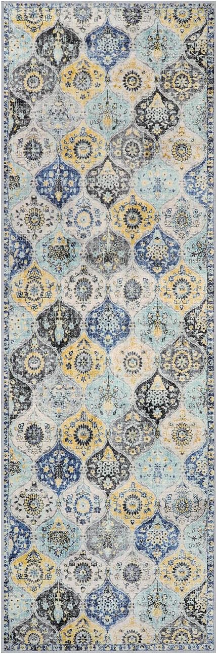 Lahome Moroccan Washable Hallway Runner Rug, 2'5''x8' Ultra-Thin Carpet Runners for Hallways Kitchen, Oriental Non-Slip Laundry Room Rug for Entryway Bedroom Bathroom Elise, Yellow/Aqua