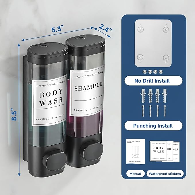 Shampoo and Conditioner Dispenser Shower Dispenser Body Wash Wall Mounted Shampoo Dispenser for Shower Wall No Drill for Bathroom Hotel 2 Chamber x 300ml Black with Waterproof Labels