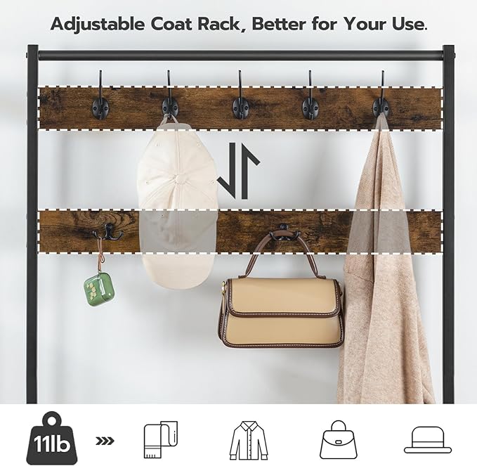 HOOBRO Hall Tree, Coat Rack with Shoe Rack, Hall Tree with Bench, 5 Tier Shoe Storage Organizer with 9 Hooks for Entryway, Closet, Sturdy, Industrial, Rustic Brown and Black BF80MT01G2