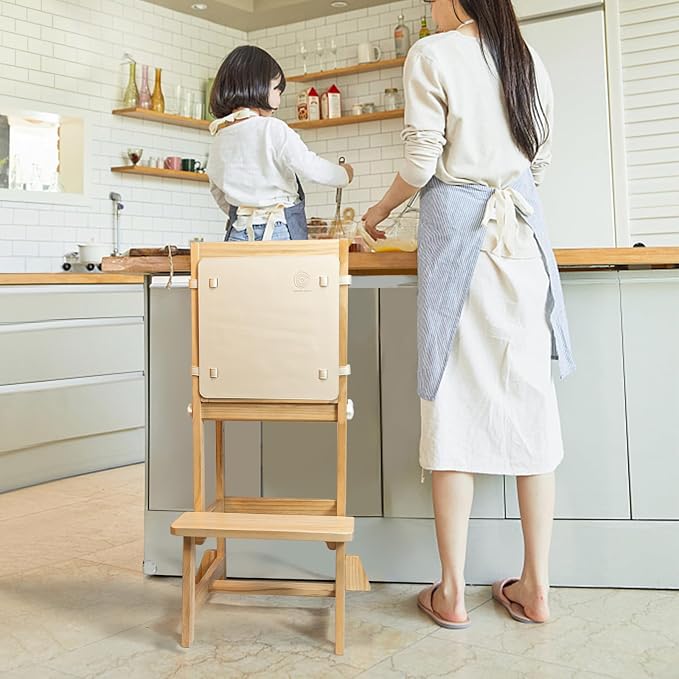 Kitchen Step Stool for Toddlers with Non-Slip Mat, WOOD CITY Wooden Kids Montessori Learning Stool Tower, Toddler Standing Tower Helper for Kitchen Counter and Bathroom Sink (Burlywood-Adjustable)