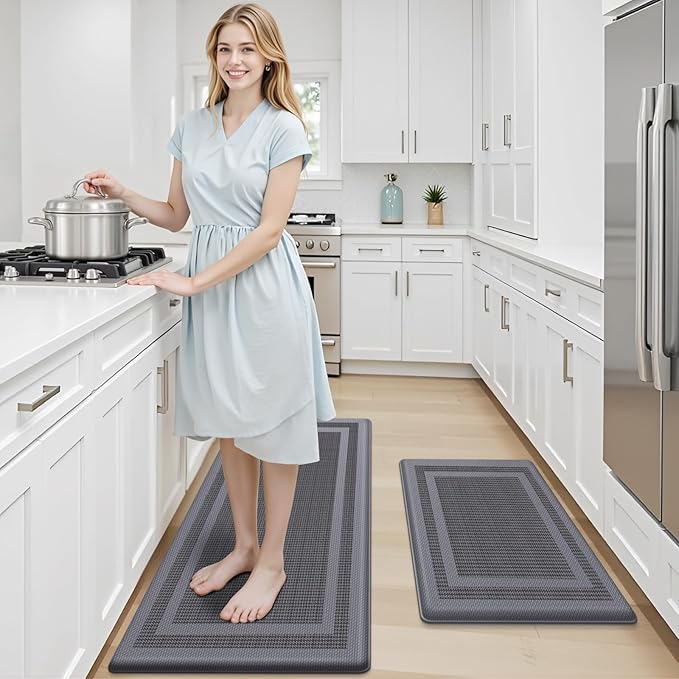 LuxStep Kitchen Mats [2 PCS] Cushioned Kitchen Rugs Anti-Fatigue Floor Comfort Mat,Non-Slip Standing Desk Mat,Waterproof Kitchen Rug Set for Kitchen,Floor,Office,Classic Gray