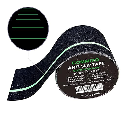 COSIMIXO 4" x 33FT Anti Slip Tape with Glow in The Dark Stripe,Premium Grip Tape Non Slip Stair Treads Tape,Non Skid Tape, High Traction Adhesive for Stairs Step Black/Green