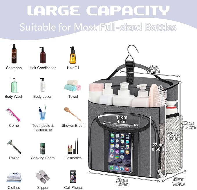 Attmu Shower Caddy Portable, Hanging Shower Bag for Dorm Room College, Large Capacity Quick Dry Mesh Tote Bag for Travel Camping Essentials (Gray)