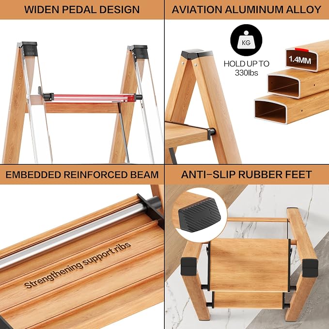 2 Step Ladder, Aluminum Folding Step Stool with Anti-Slip Sturdy and Wide Pedal, Lightweight Portable Multi-Use Stepladder for Home and Kitchen Use Space Saving, Woodgrain, 330 lbs