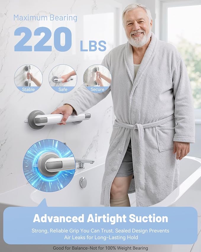 JOTPE Suction Grab Bars for Bathtubs and Showers 2 Pack, Heavy Duty Shower Handle for Seniors, No Drilling Removable Bathroom Safety Bar with Strong Suction for Balance Support, White & Gray