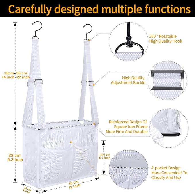4 Storage Pockets Adjustable Hanging Mesh Bathroom Bag, Shower Caddy College with Hooks, Applied to College Dorm Rooms, Gym, Swimming and RV Travel (White)