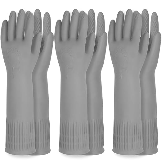 DABOGOSA Mamison 2 Pairs Reusable Waterproof Household Dishwashing Cleaning Rubber Gloves, Non-Slip Kitchen Glove (Grey, Large (Pack of 3))