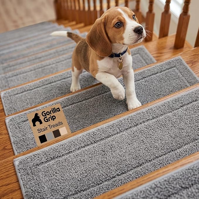 GORILLA GRIP Peel and Stick Stair Treads for Wooden Steps, Multi-Surface Use, Machine Washable Carpet Runners, Indoor Rugs for Stairs, Pet Friendly, Universal Size, 4 Pack Gray, 8x28 Inches