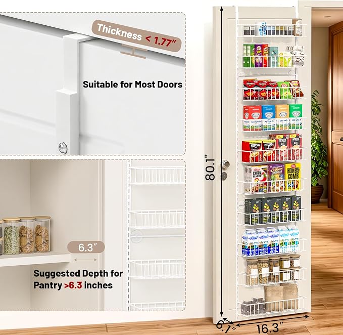 ElegantArray 10-Tier Pantry Door Oragnizer, Over The Door Pantry Organizer Rack and Storage, Hanging Spice Rack Shelves Door, Home Office Laundry Room Bathroom & Kitchen Organization, White