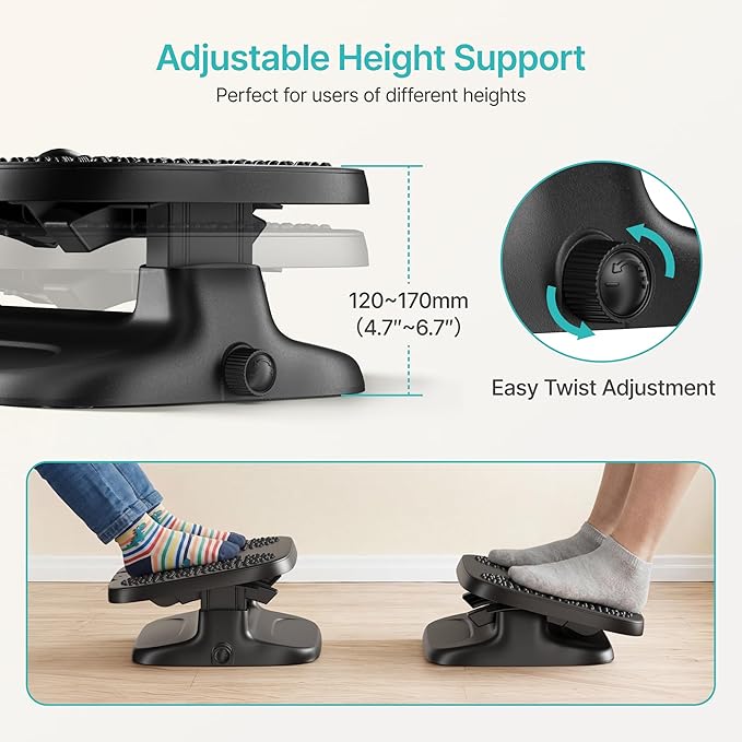 PEGZONE Under Desk Footrest, Adjustable Foot Rest with Height and Degree Angle,Ergonomic Desk Foot Rest with Massage Texture, Foot and Leg Rest for Home & Office