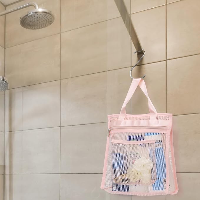 F-color Mesh Shower Caddy Portable Hanging - 3 Pockets Small Shower Bag Tote with Zipper Closure for Camping, Gym Lockers, Travel, Toiletry, Quick Dry Bathroom Essentials with S Hook, Pink