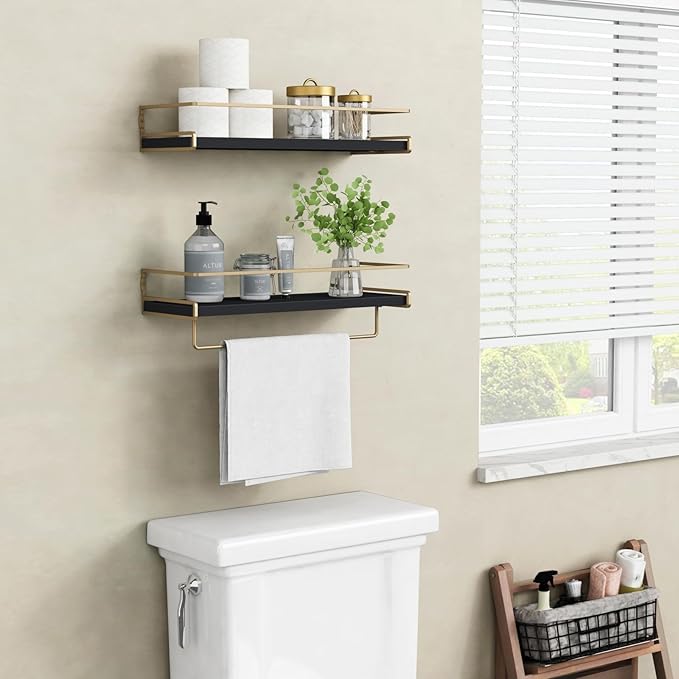 Forbena Black and Gold Bathroom Floating Shelves for Wall, Decorative Wall Mounted Shelves for Kitchen Coffee Bar Station Organizers and Storage, Hanging Shelving Unit for Bedroom Living Room (2-Pack)