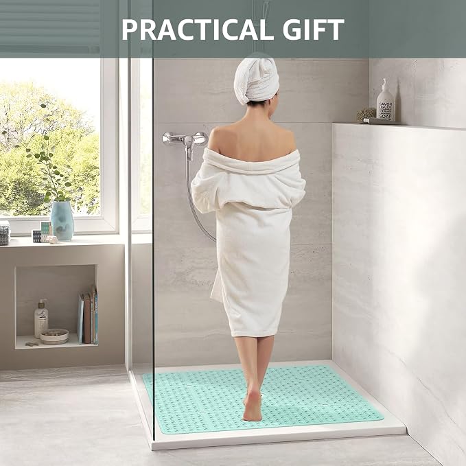 OTHWAY Square Shower Mat, 27"x 27" Extra Large Shower Mats for Inside Shower, TPE Anti Slip Shower mat with Suction Cups Drain Holes, Machine Washable Shower Floor Mat (Light Green)