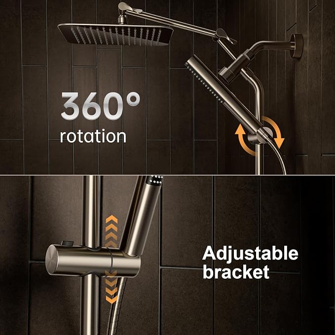 Veken All Metal 10" Brushed Nickel Shower Head with Handheld, Luxurious Square Double Rain Shower Heads with Power-wash Hand Held, Dual High Pressure Detachable Rainfall Showerhead,Bathroom Upgrade