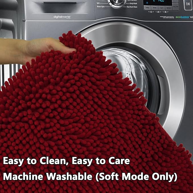 Bathroom Rugs Chenille 3-Piece Extra Soft and Absorbent Shag Bathroom Rugs, Machine Wash Mat, Strong PVC Non-Slip Underside, Plush Carpet Mats (Burgundy)