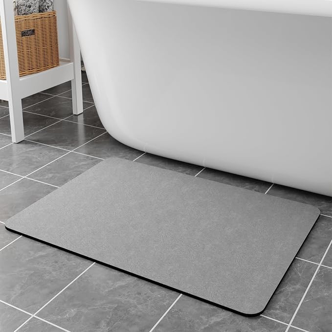 Bath Mat Rugs 32x17 - Diatomaceous Earth Bath Mat Quick Dry Absorbing Bathroom Rugs Rubber Non Slip Thin Bathroom Mat Fit Under Door, Bath Mats for Bathroom Floor, Tub and Shower, Sink, Grey