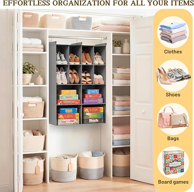 Ofiray-home 4 Tier Hanging Closet Organizer, 12 Compartments Sweater Organizer for Closet with 3 Sturdy Hooks, Closet Organizers and Storage, Wardrobe, Rv, Garment Rack, Grey