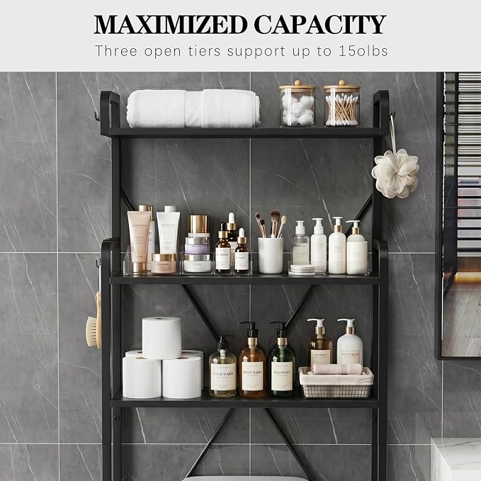 Over The Toilet Storage Cabinet, 3-Tier Bathroom Organizers and Storage with Hooks, Freestanding Shelf Toilet Rack, Small Bathroom Laundry Space Saver with Towel Rack & Toilet Paper Holder(Black)