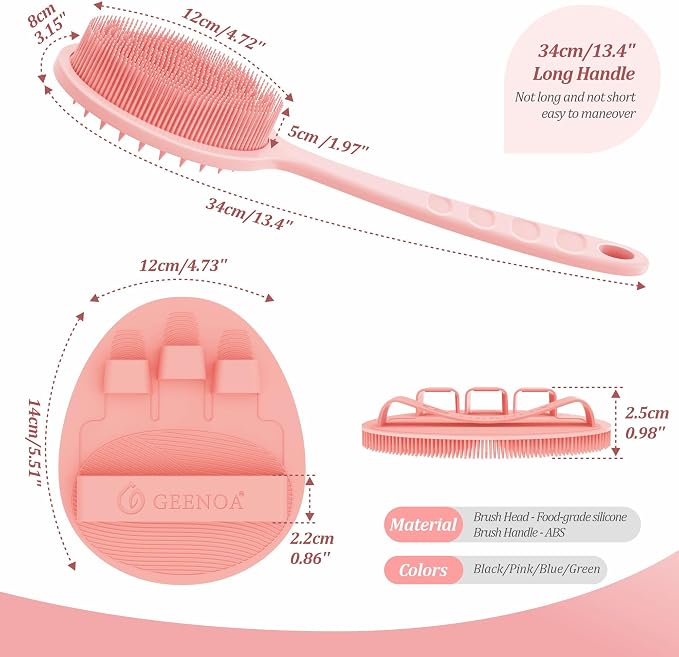 Silicone Back Scrubber & Bath Glove Set 2PCS, 13.4'' Gentle Shower Back Scrubber with Dual-Side Head Non-Slip Handle, 360° Anti-Slip Hand-fit Bath Glove for Rich Foaming Deep Cleaning(Pink)