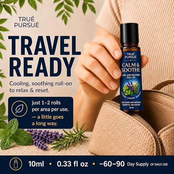 Soothe & Calm Essential Oil Roll On – Frankincense & Lavender Essential Oil Roller – Stress Relief Oil Roll On – 100% Pure Aromatherapy Calming Oils for Anxiety, Migraine & Sleep – 10ml TRUÉ PURSUÉ