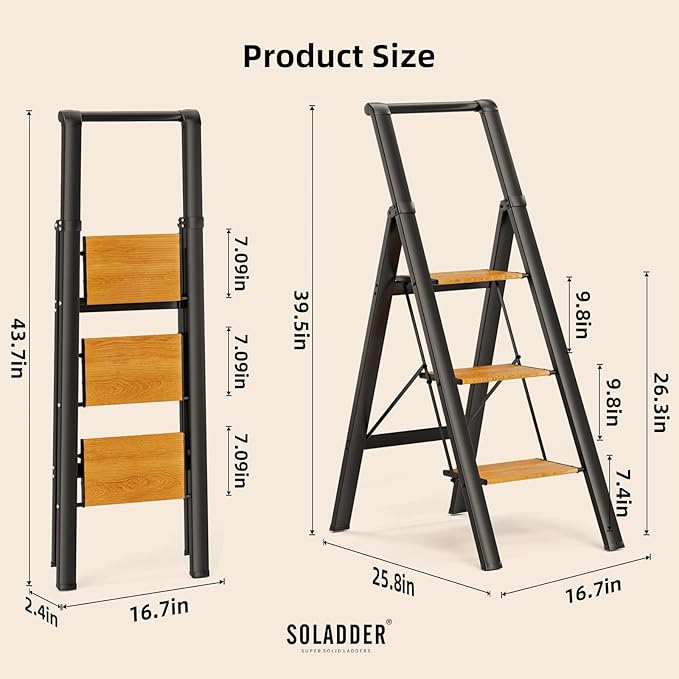 SOLADDER 3 Step Ladder with Handrails, Anti-Slip and Foldable Step Stool with Widen Pedals, Portable Stepladders for Home, Kitchen and Indoor, Space Saving -300lbs(Black+Woodgrain)