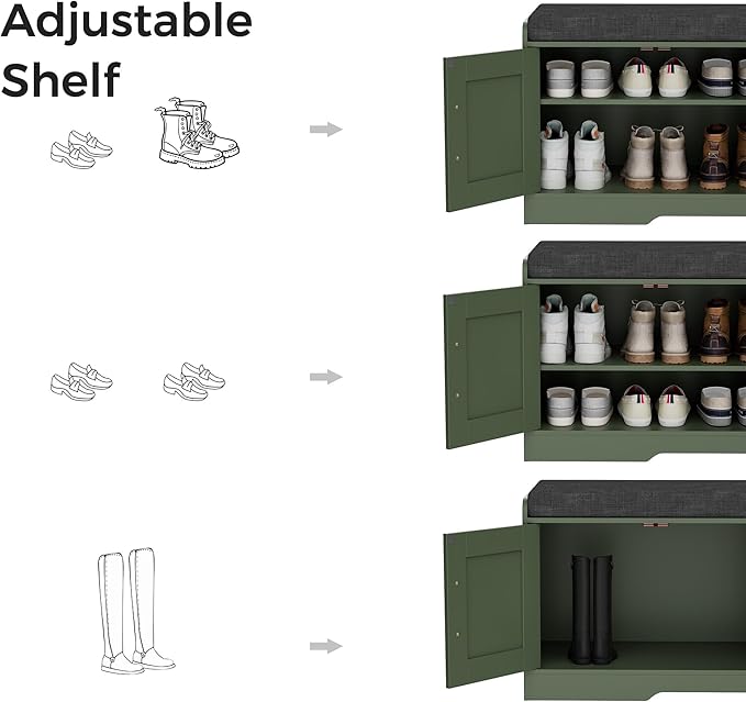 Homleke 2-Tier Storage Bench, Shoe Bench with Thickened Padded Seat Cushion, Entryway Bench with 4 Doors, Adjustable Shelf, 13.8" D x 45.3" W x 18.5" H, for Entryway, Living Room, Bedroom, Green