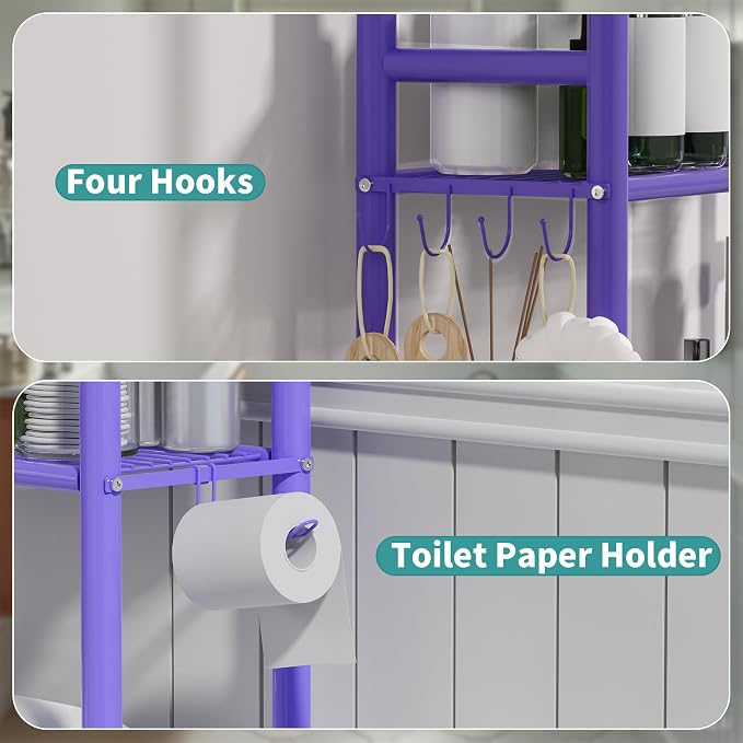 3-Tier Over The Toilet Storage Organizer, Space-Saving Bathroom Rack with Paper Holder & 4 Hooks, 64" Tall Freestanding Carbon Steel Shelf for Small Apartment Laundry Room (Purple)