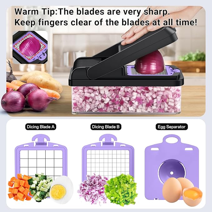 SpaceHacks 15-in-1 Vegetable Chopper, Kitchen Gadgets with 10 Blades, Veggie, Food, Onion Chopper, Cucumber Slicer, Versatile Mandoline, Includes Egg Separator & Finger Guard, Purple