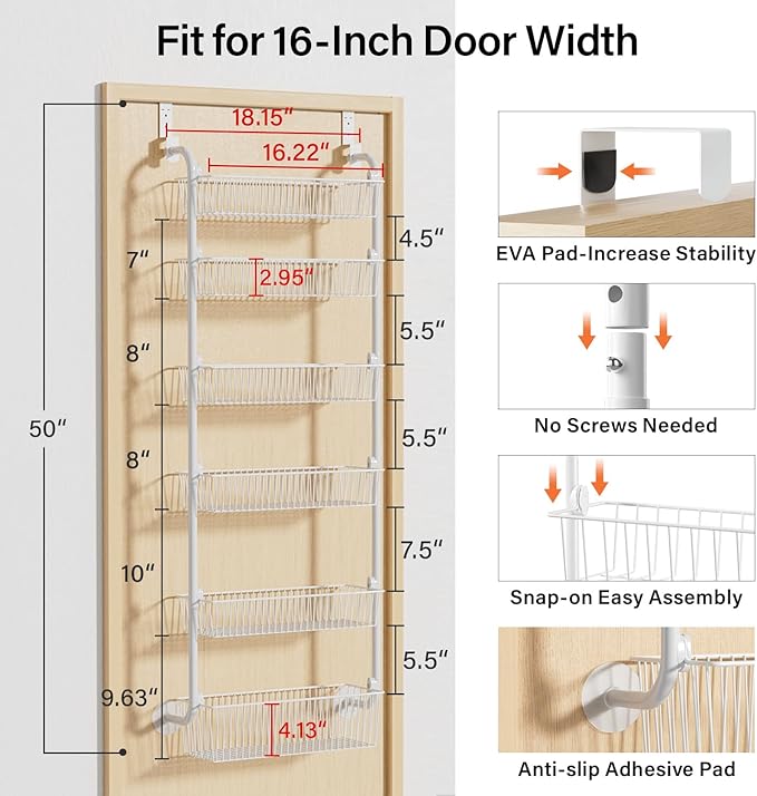 Delamu Large Over the Door Pantry Organizer, 6-Tier Metal Pantry Door Organization and Storage for Easy Install, Hanging Spice Rack Seasoning Shelves for Cabinet & Kitchen, D6.7xW17.5xH53.7 in, White
