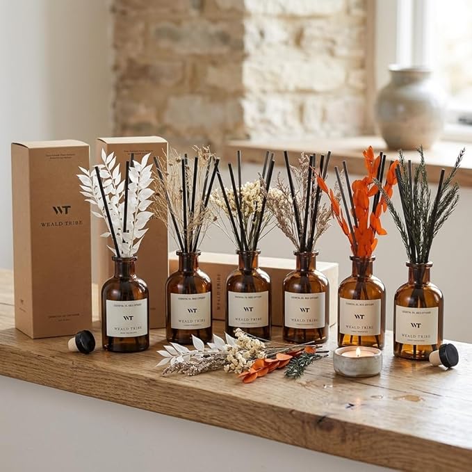 WEALD TRIBE Reed Diffuser Set for Bathroom Air Fresheners, Oil Diffuser Sticks with Flower | Balsam Fir Scent 4.0 fl oz Home Fragrance with Sticks Defusers | House Bedroom Office Shelf Decor