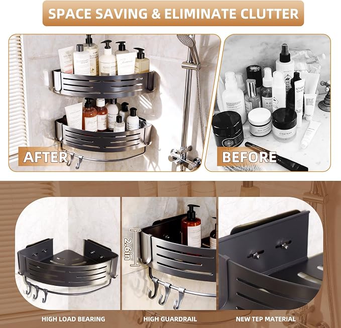 Corner Shower Caddy,Adhesive Shower Caddy,No Drilling Bathroom Organizers And Storage,Bathroom Corner Shower Shelves,Shower Caddy Adhesive Pad With Towel Bar Hooks（2-Pack,Matte Gray）