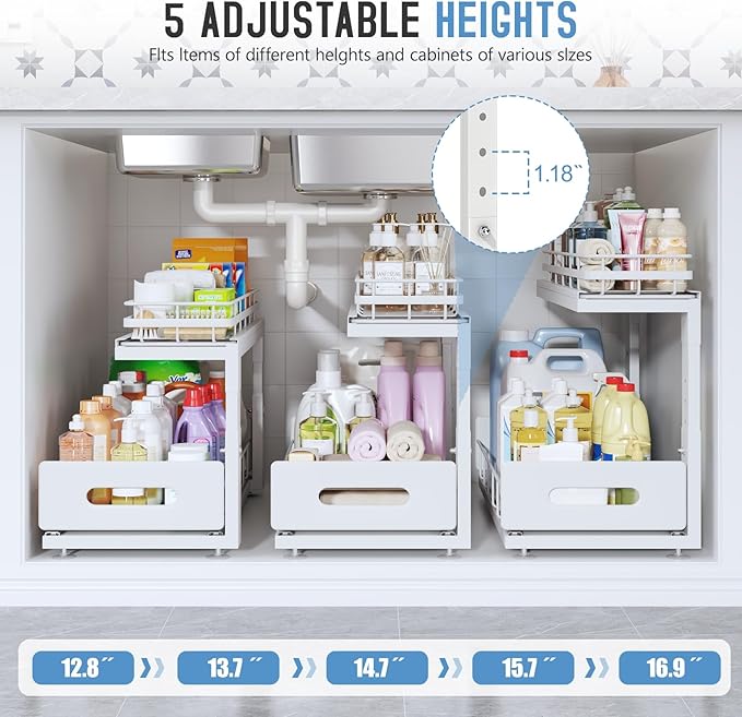 Under Sink Organizer Upgrade To Professional Rails,2-Tier Dual Pull Out Cabinet Storage,Height Adjustable Slide Out Drawers For Bathroom Kitchen,2 Pack-18.5"Dx12.8"-16.9"H,White