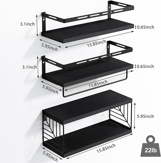 Fixwal Wall Mounted Bathroom Shelves Over Toilet, Rustic Wood Floating Shelves with Metal Frame and Towel Bar for Bathroom, Kitchen, Bedroom, Living Room (3 Plus 1 Black)