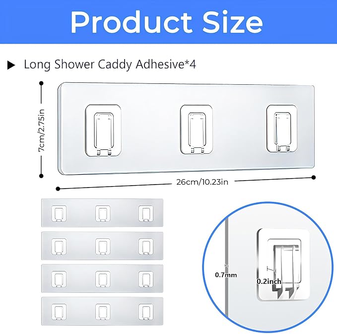 Shower Caddy Adhesive Replacement Hooks, Heavy Duty Waterproof Strips, No Drilling for Bathroom Shelves, Kitchen Racks, and Soap Holders (Transparent-4 Pack 3 Hook)