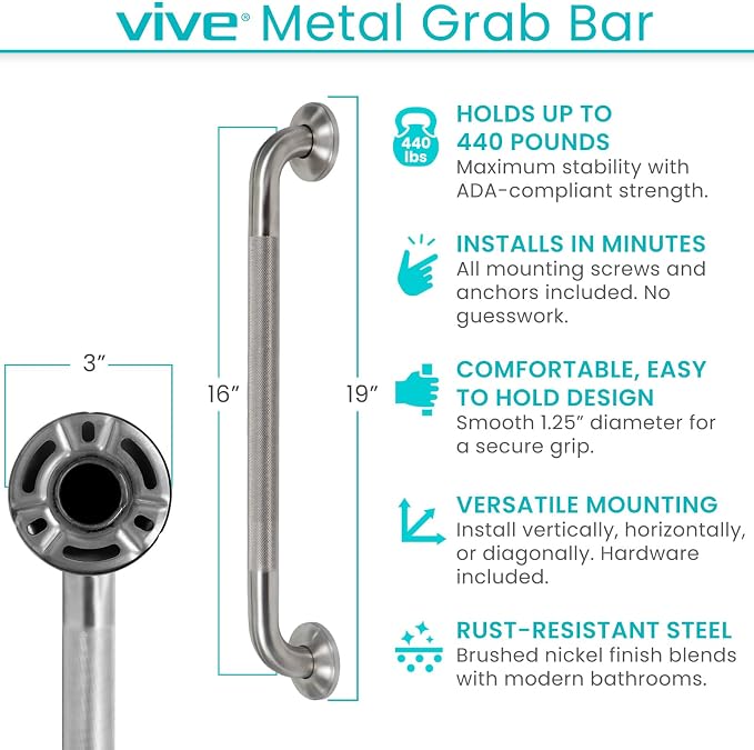 Vive Grab Bar for Showers - Bathroom Antislip Handrail for Seniors, Elderly Assistance Product, Heavy Duty Shower Handles, Handicap Grab Bars, Stainless Steel, Multipurpose, 440 lbs (Brushed Nickel)