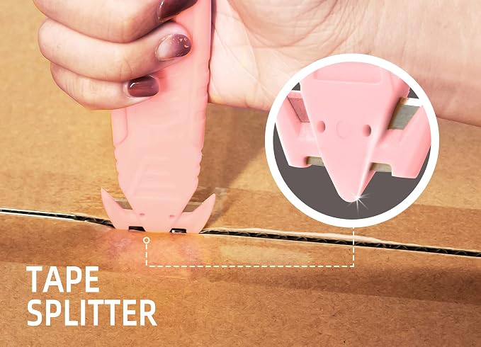 Safety Box Cutter, T TOVIA Sharp Durable Stainless Steel Concealed Blade Package Opener with Tape Splitter for Cartons, Cardboard, Wrap, Straps, Film (5 Pcs - Pink)