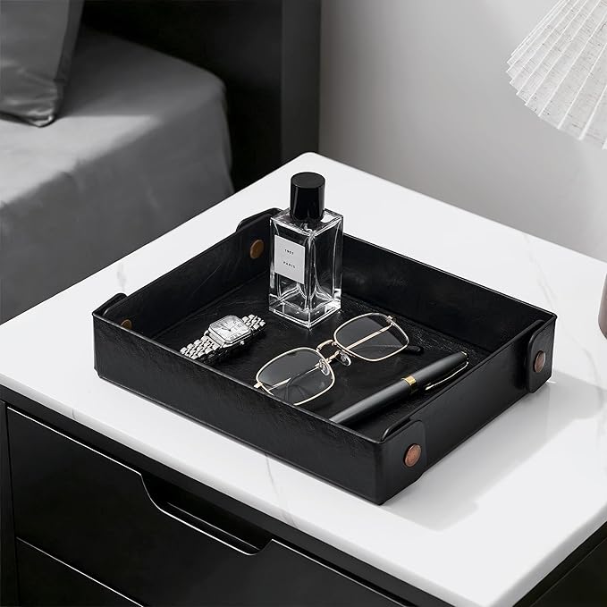 Catch All Valet Tray - EDC Organizer for Key, Wallet, Watch, Jewelry, Phone, coin change | Faux Leather Storage Tray for Dresser, Nightstand, Desk, Entryway, Travel Storage | Black