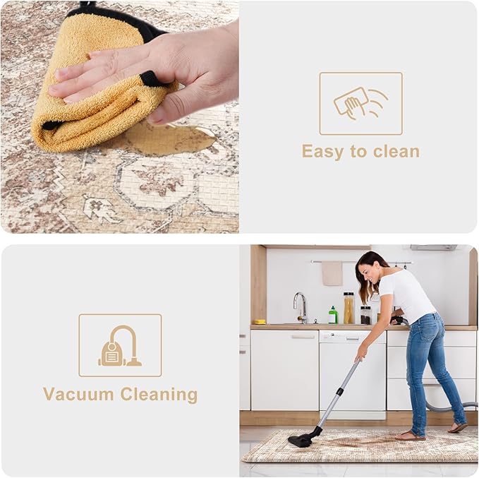 KIMODE Anti Fatigue Kitchen Mats,Boho Vintage Kitchen Rugs Sets of 2,Non Slip Waterproof Kitchen Floor Mats,Ergonomic Cushioned Comfort Standing Mat for Laundry,Office,Sink,Desk,Mutil-Khaki
