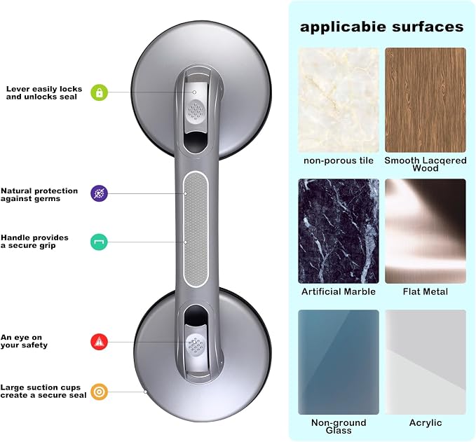 Shower Handle Shower Grab Bars for Bathtubs and Showers,Strong Hold Suction Cup Grip Grab,Bath Handle Heavy Duty Grab Bars for Handicap Elderly Seniors Bathroom（Silver Grey）