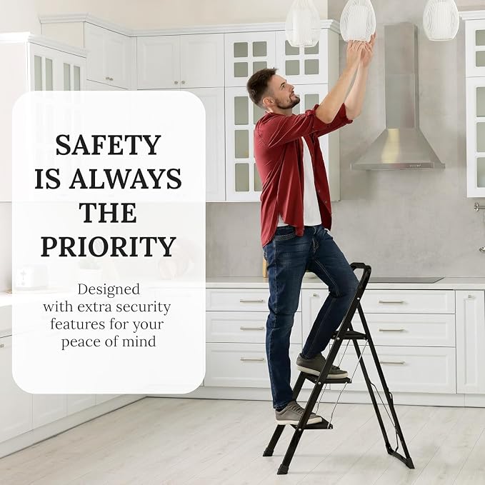 3-Step Ladder with Wide Anti-Slip Platform & Thick Rubber Feet | Heavy Duty Foldable & Portable | 330 lbs Capacity, Steel Frame, Rubber Handgrip, Folding Step Stool