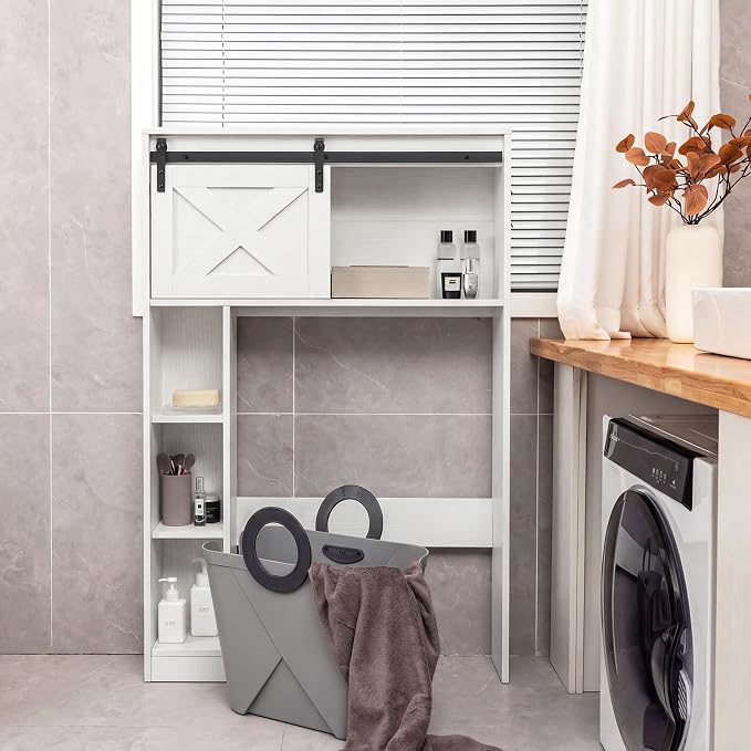 Giantex Over The Toilet Storage Cabinet - Freestanding Bathroom Organizer with Sliding Barn Door & Storage Shelves, Multifunctional Toilet Rack for Restroom, Laundry (White)