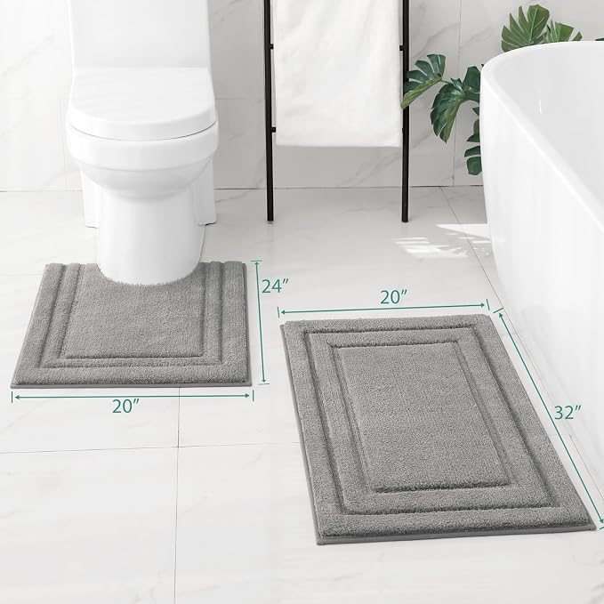 HOMEIDEAS Bathroom Rugs Sets 2 Piece, Super Soft and Absorbent Non Slip Microfiber U-Shaped Toilet Bath Mat Set (20"x32"+U20 x24, Grey)